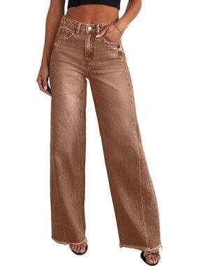Women's Brown Cotton Blend High Waisted Stretchy Trendy Denim Wide Leg Pants